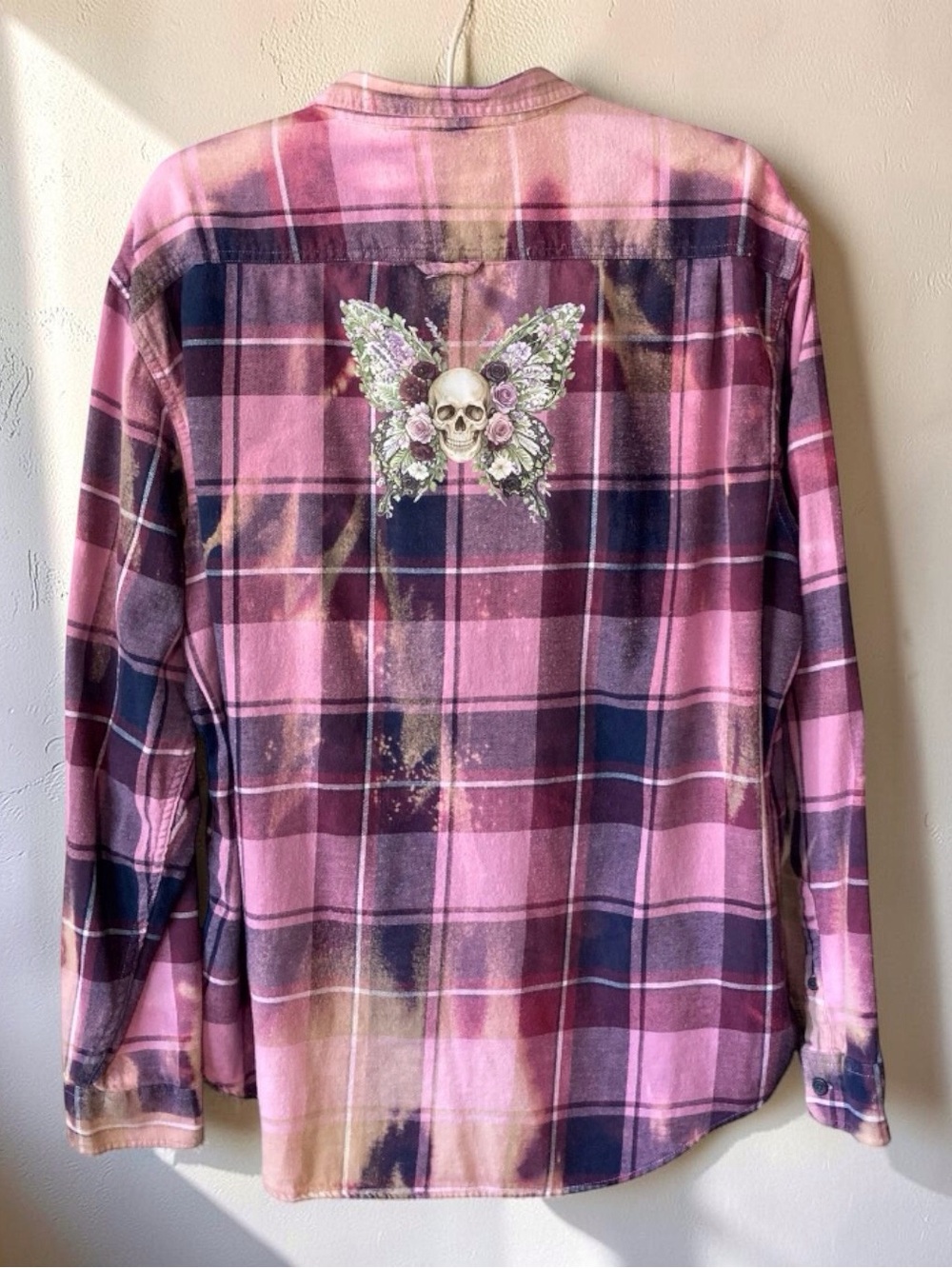 Pink Bleached Plaid Flannel Womens XXL Floral Skull Gothic Grunge Shirt